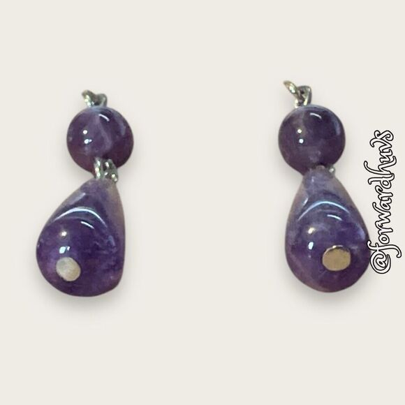 Elegant Amethyst Teardrop Dangle Earrings - Silver Tone - Picture 3 of 8